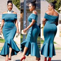 Wholesale African Style Teal Off The Shoulder Mermaid Bridesmaid Dresses Sexy Short Sleeve Ankle Lenght Wedding Formal Gowns Custom Made EN5182