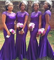 Wholesale 2017 South African Long Mermaid Purple Bridesmaid Dresses Fahsion Short Sleeve Beaded Bow Satin Floor Length Party Gowns Nigeria Custom Made