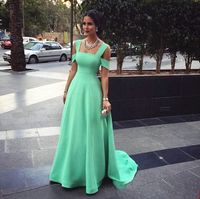 Wholesale A Line Square Neck Green Long Satin Evening Dress Off Shoulder Floor Length Simple Prom Party Gown