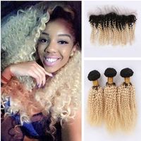 Wholesale Dark Root Afro Kinky Curly Malaysian Virgin Hair Weaves With Lace Frontal Blonde Ombre B Human Hair Bundles With Lace Frontal Closure