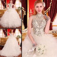 Wholesale Luxury Swarovski Crystals Diamond Wedding Dresses Beaded Empire Waist Tulle Ruffle Tiered Sheer High Neck Lace Up Ball Gown Bridal Gowns