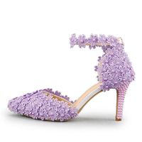 Wholesale Ankle Strap Summer Sandals Handmade Lace Flower Women Middle Heels Bridal Wedding Shoes Adult Ceremony Pumps Purple Yellow