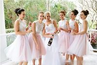 Wholesale Pink Short Bridesmaid Dresses New White Applique Lace Party Gowns Cheap Chiffon Wedding Party Gowns Maid Of the Honor gowns