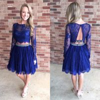 Wholesale Royal Blue Lace Long Sleeve Two Piece Homecoming Dresses Scoop Dazzling Beaded White Cute Prom Dresses Open Back Graduation Dresses