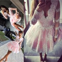 Wholesale Little Ball Gowns Short Pink Homecoming Dresses White Lace Appliques Sexy Deep V neck Long Sleeves Cocktail Party Dress Custom Made