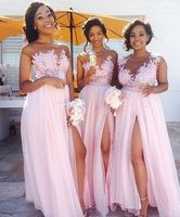 Wholesale 2017 Blush Pink Lace Appliqued Bridesmaid Dresses Chiffon Floor Length High Slits Maid Of Honor Prom Gowns Wedding Party Dress BM0146