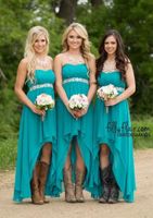 Wholesale Modest Country Bridesmaid Dresses Cheap Teal Turquoise Chiffon Sweetheart High Low Beaded With Belt Party Wedding Guest Dress