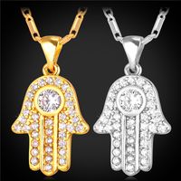 Wholesale Hamsa Hand Necklaces Pendants for Women Men Clear Cubic Zirconia K Real Gold Plated Lucky Jewelry Gift