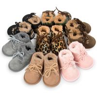 Wholesale 7 Colors New Winter Leopard Shoes Newborn Baby Girls Kids First Walkes hard sole fur baby Keep Warm Plush shoes lace up boots Z11