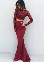 Wholesale 2017 Two Pieces Red Sheer Neck Lace Mermaid Dress Sexy Backless Sheath Evening Dress With Long Sleeve Formal Party Gown