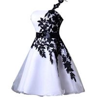 Wholesale 2018 Cheap Short Homecoming Dresses White and Black One Shoulder Lace Belt Beaded Tulle Gowns for Prom Cocktail th College Graduation Dress