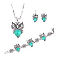 Wholesale Vintage Antique Silver Red Owl Jewelry Set Necklace Pendant Earring Barrettes For Women Fashion Party Jewelry Sets free ship