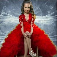 Wholesale Lovely Red Long Sleeves Appliqued Hi Lo Tiers Baby Girl Birthday Party Christmas Children Girl Pageant Dresses Flower Girl Dresses Cheap