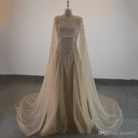 Wholesale Elegant Formal Evening Dresses Tulle Cape Ruffles Real Photo Show Long Sheer Prom Party Gowns Evening Wear Dress