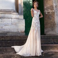 Wholesale Lace Dress Illusion Neckline Appliques Vintage Bridal Gowns Robe De Mariage Sheath Wedding Dresses Sheer Back Vestido