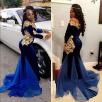 Wholesale 2019 New South Africa Long Sleeves Prom Dresses Elegant Boat Neckline Floor Length Mermaid Royal Blue Velvet Evening Gowns with Gold Lace