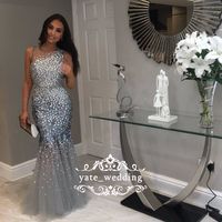 Wholesale 2018 Stunning Silver Gray Mermaid Prom Dresses Sheer Neck Sleeveless Crystal Beaded Tulle Mermaid Evening Dresses Formal Gowns