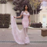 Wholesale Pink Lace Appliques Evening Dresses With Weddings Formal Party Gowns Mermaid Sexy Long Arabic Prom Dress Vestido de Festa