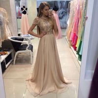 Wholesale Gorgeous Sparkly Champagne A Line Short Sleeve New Evening Dress Long Party Prom Gowns Chiffon Custom Made Shiny Fashion Best Selling