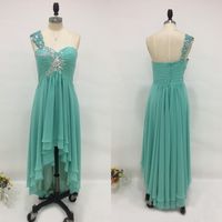 Wholesale Real Photo Hunter Green Crystal Beaded High Low Prom Dresses One Shoulder Pleats Tiered Long Party Gowns Custom Made EN8215