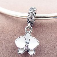 Wholesale 2017 New Sterling Silver Orchid Dangle Charm Bead with White Enamel Fits European Pandora Jewelry Bracelets
