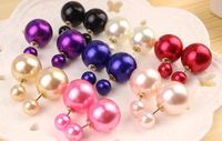 Wholesale Fashion girl woman Double Sided Pearl Earrings Double Stud Earrings Double Pearl Stud Earrings Mix colors pairs