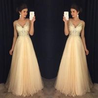 Wholesale 2019 Champagne Long Prom Dresses Backless Illusion A line Tulle V neck Straps Open Back Corset Evening Party Gowns For Girls Custom Made