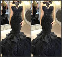 Wholesale 2020 New Stunning Black Long Evening Dresses Beaded Appliqued Cascading Ruffled Mermaid Court Train Backless Formal Party Prom Gowns