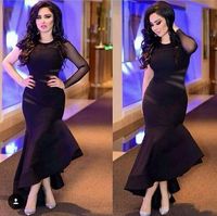 Wholesale 2017 Black Arabic Jewel Neck Satin Evening Dresses Sheer one Sleeve Hi lo Formal Party Gowns Elegant Long Prom Dresses