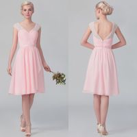 Wholesale Custom Made Vintage Style A Line Cap Sleeve Lace Short Bridesmaid Dresses Knee Length Chiffon Pink Wedding Reception Dresses Pleated