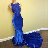 Wholesale 2020 Designer Royal Blue Lace Applique Mermaid Evening Dresses Halter Velvet Beaded See Through Vestidos De Novia Prom Gowns