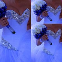 Wholesale Custom Made sweetheart Ball Gown Wedding Dresses Floor Length White Tulle Crystal vestido de noiva Lace Up Gorgeous Wedding Gowns Sleeveless