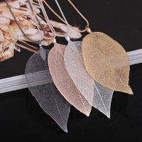 Wholesale Fashion Black Gold Gray True Natural Real Leaves Leaf Pendant Necklace Long Sweater Snake Chain For Women Jewelry Gift