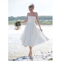 Wholesale Boho Short Strapless Summer Beach Wedding Dress High Quality Tea Length Backless Women Bridal Gown Plus Size