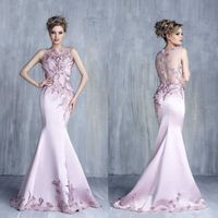 Wholesale Graceful Pink Mermaid Evening Dresses Bateau Neck Sleeveless Appliques Beads Sequins Evening Wear Sweep Train Organza Trumpet Long Prom Gown