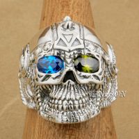 Wholesale LINSION Blue Green CZ Eyes Sterling Silver Gothic Tattoo Skull Mens Boys Biker Rock Punk Ring G405 US Size to