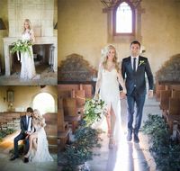 Wholesale Cheap Lace Bohemian Sheath Wedding Dresses Ivory Custom Made Long Sleeves Front Slit Vintage Sheer High Neck Bridal Gowns Sweep Train