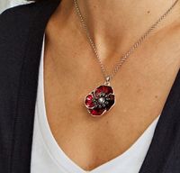 Wholesale White Gold Tone Ruby Red Enamel Black Crystal Lest We forget Poppy Collection Pendant Necklace Jewelry
