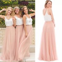 Wholesale Hot Sale Blush Pink Tulle Two Piece Bridesmaid Dresses Long Cheap White V Neck Ruched Floor Length Boho Maid Of Honor Gowns EN3041