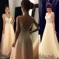 Wholesale 2017 Champagne Long Prom Dresses Backless Illusion A line Tulle V neck Straps Open Back Corset Evening Party Gowns For Girls Custom Made