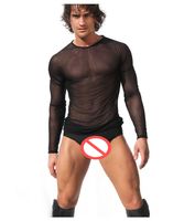 Wholesale Fashion Mens Black White Clairvoyant Outfit Tops Sexy Sheer Mesh Round Neck Tees Novelty Long Sleeve Male Underwear Shirt