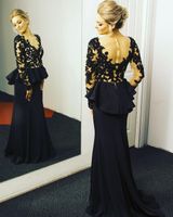 Wholesale 2016 Sheer Long Sleeves Prom Dresses Peplum Lace Appliqued Sheer V Neck Black and Champagne Evening Dresses Dhyz