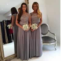 Wholesale Elegant Plus Size Long Grey Bridesmaids Dresses Jewel Neck Capped Sleeves A line Floor length Wedding Guest Party Maid of Honor Dress