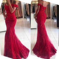 Wholesale Glamorous Red Lace Appliques Prom Dresses Fancy Off Shoulder Fiesta Cap Sleeves Formal Evening Dresses Backless Prom Gowns
