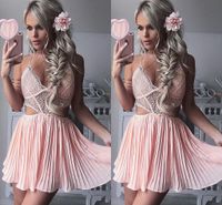 Wholesale Sexy Blush Pink Short Cocktail Dresses Lace Deep V neck Halter Pleats Chiffon Mini Homecoming Party Gowns