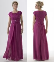 Wholesale Purple Chiffon Long Modest Bridesmaid Dresses With Short Sleeves Pleats Round Neck Floor Length Wedding Party Dresses Custom Made