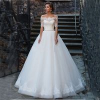Wholesale Elegant White Lace Ball Gown Wedding Dresses Boat Neck Short Sleeve Bride Gowns With Pearl Belt Tulle Princess Marry Dresses