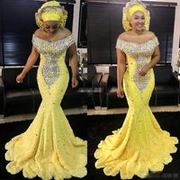 Wholesale Yellow Women Formal Evening Dresses Mermaid Luxury Colorful Beading Lace Cap Sleeves Plus Size Formal Gowns Mother of the Bride Dresses