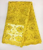 Wholesale 5 Yards pc Beautiful yellow french net lace fabric and small sequins flower pattern african mesh lace for party dress BN43