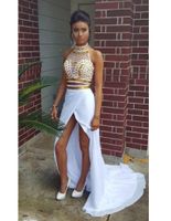 Wholesale New Sexy Design Pieces Prom Dresses High Neck Gold Crystals White Chiffon Front Slit Party Evening Gowns Robe de Soiree Custom Made